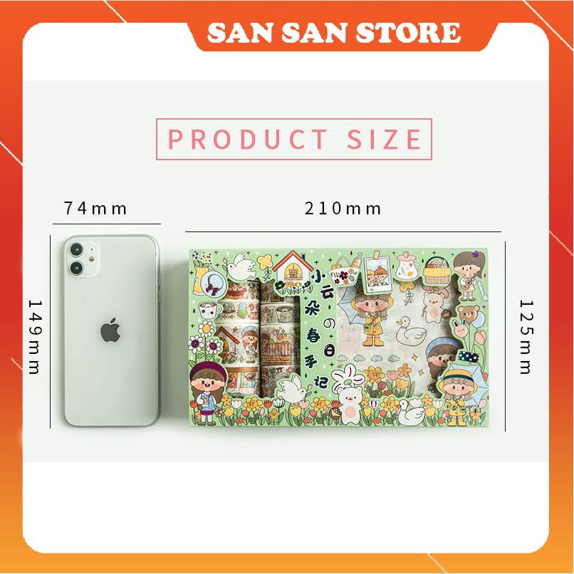 Set Hộp Washi Tape Cô Bé Đáng Yêu Băng Keo Hình Dán Cute Sticker Anime Trang Trí Sổ Combo 10 Cuộn 10 Stickers Cute