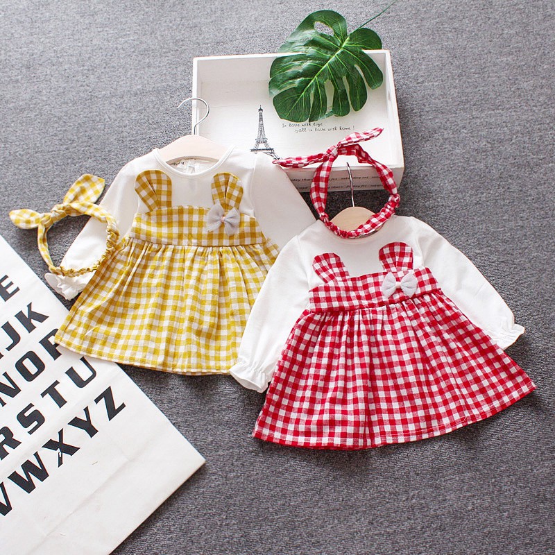 Đầm cotton xòe và băng đô trang trí kẻ sọc caro xinh xắn cho bé