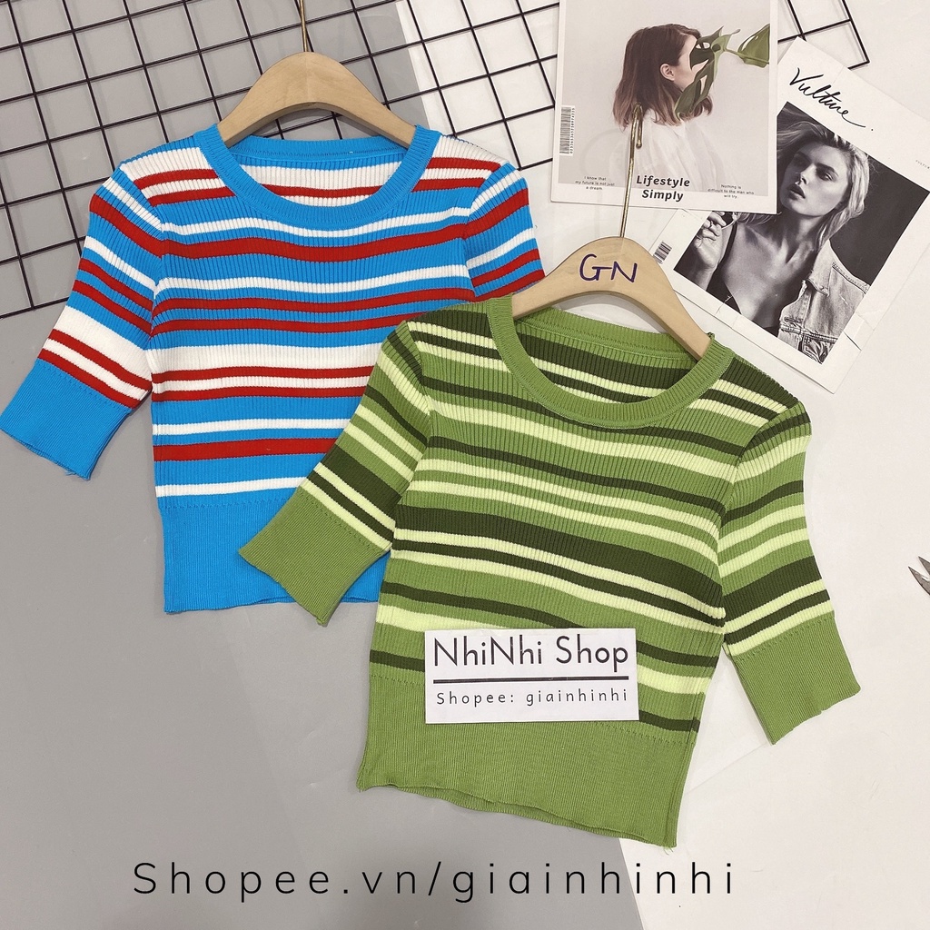 Áo len kẻ phối màu dáng ngắn bo eo cổ tròn tay cộc form croptop AL6014 - NhiNhi Shop