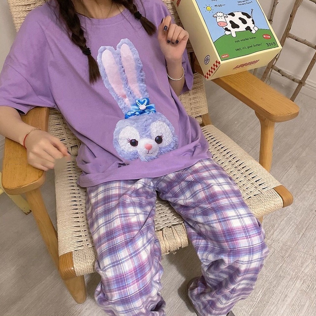 Bộ đồ ngủ tay ngắn cổ tròn kẻ caro phong cách Hàn Quốc thoải mái cho nữ | BigBuy360 - bigbuy360.vn