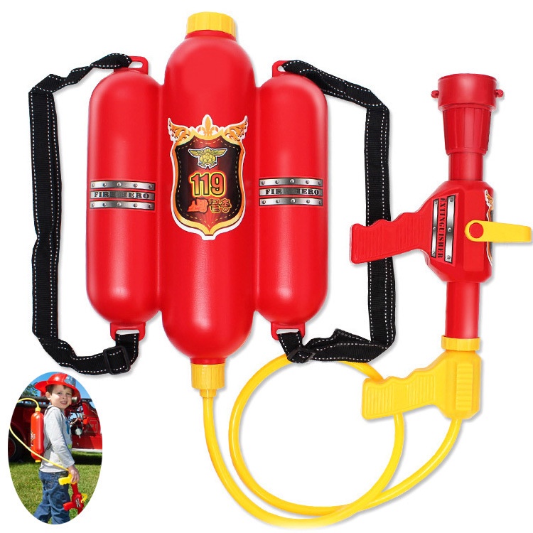 Súng phun nước/ Balo phun nước tập làm lính cứu hỏa cho bé.