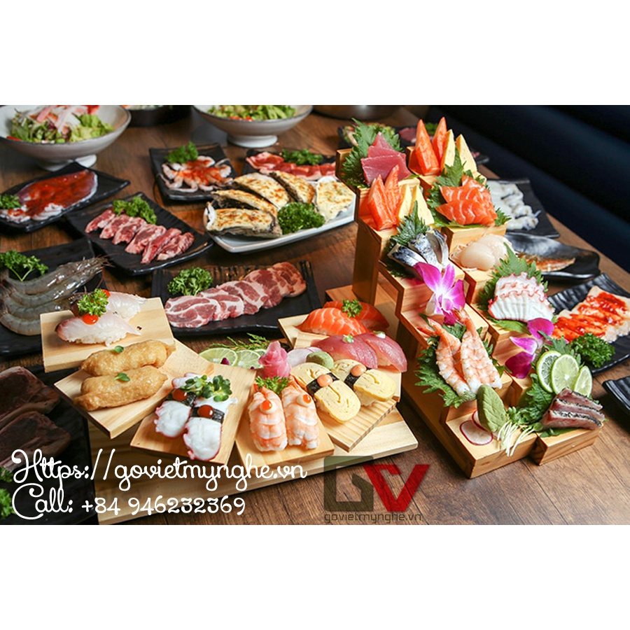 Khay gỗ trưng bày sushi theo phong cách Nhật bản hình bậc thang dạng 7 tầng - Gỗ thông tự nhiên