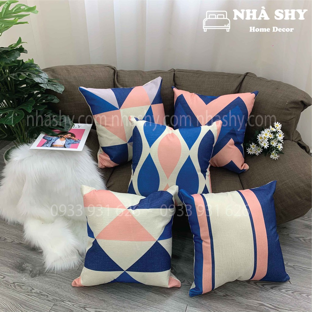 GỐI TỰA SOFA - CHẤT LIỆU VỎ GAI HỌA TIẾT KẺ SỌC HỒNG XANH 45X45CM - GỐI VĂN PHÒNG