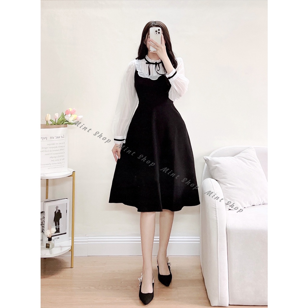 Váy đầm nữ đi chơi đi tiêc, cổ nhún bèo thắt nơ phối tay voan xinh xắn 2 màu đen trắng, đỏ trắng nổi bật | BigBuy360 - bigbuy360.vn