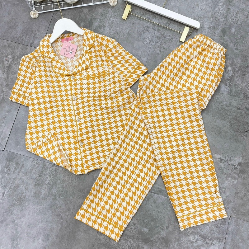Bộ pijama hoạ tiết kẻ ô ziczac chất đũi xốp áo cộc quần dài mặc nhà nữ hàng thiết kế cao cấp