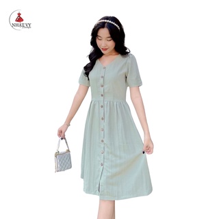Đầm Nữ NHẬT VY Trơn Cổ Tim Phối Cúc Thật Công Sở Chiết Eo Dáng Xòe Màu Cam, Xanh, Đen - D2169