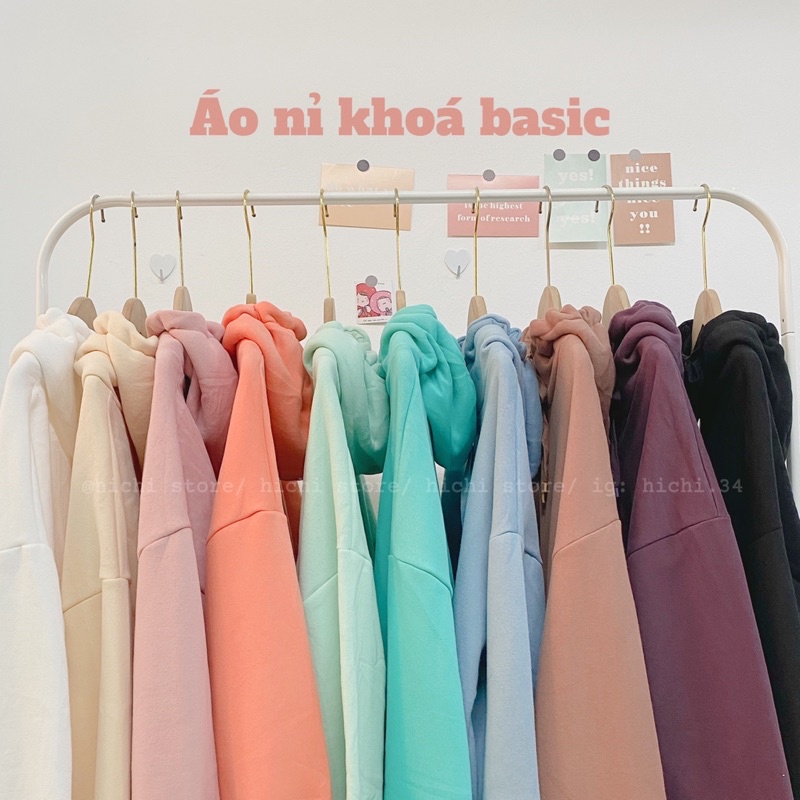 áo hoodie kéo khoá nỉ bông trơn unisex nam nữ sweater 10 màu hichi