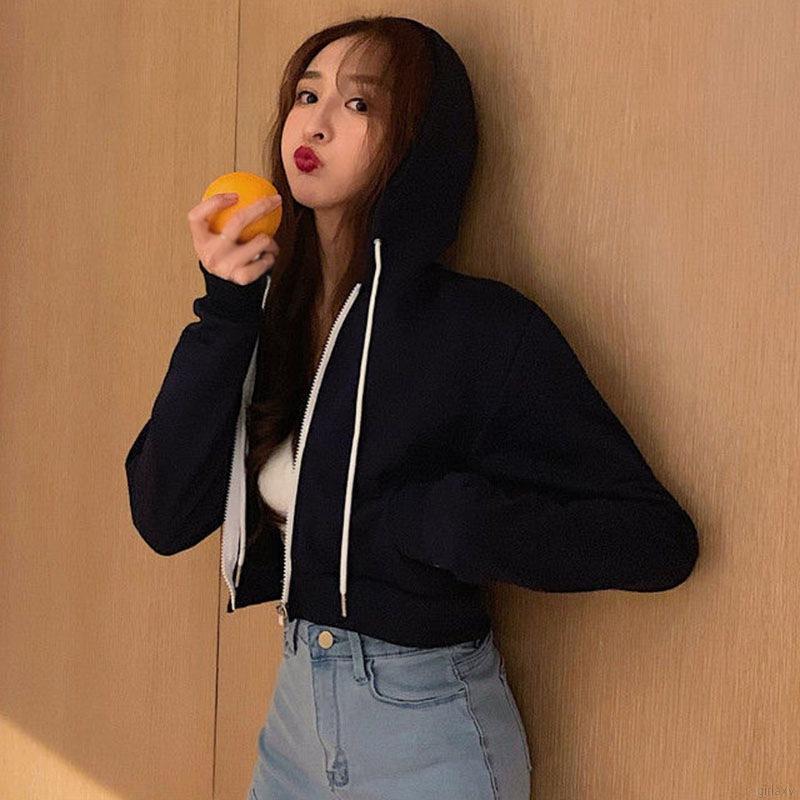 Áo khoác nữ có mũ màu trơn khóa kéo phong cách Hàn Quốc