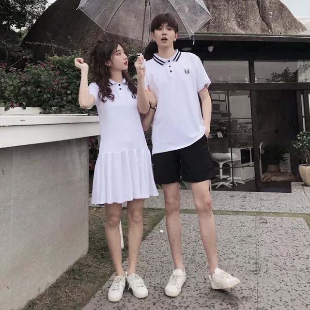 Áo đôi ❤️FREESHIP❤️ Áo váy thun cặp nam nữ có cổ đuôi cá màu trắng VSM COUPLE AVG23 (có ảnh thật)