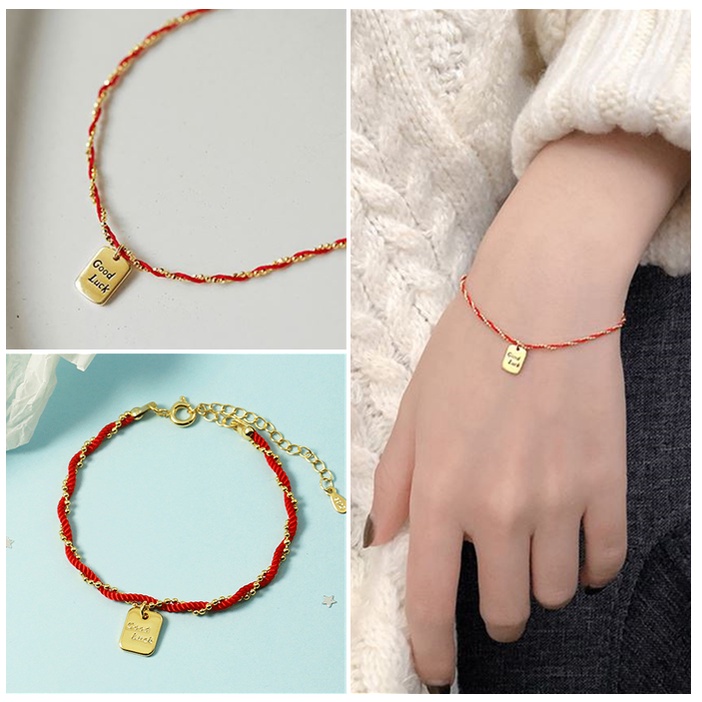 Vòng Tay Dây Đỏ May Mắn Mặt Vuông Màu Đỏ May Mắn Thời Trang Cho Nữ
