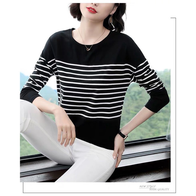 Áo Thun Dài Tay Dáng Rộng Hoa Văn Kẻ Sọc Thời Trang Dành Cho Phụ Nữ Trung Niên
