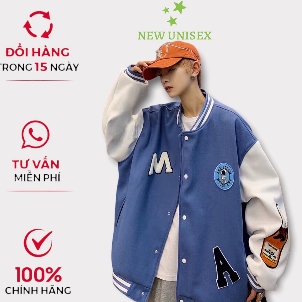 Áo Khoác Bomber Nam Nữ Chất Vải Nỉ Cúc Bấm Họa Tiết Chữ M Trắng Chữ A Đen Hot Trend