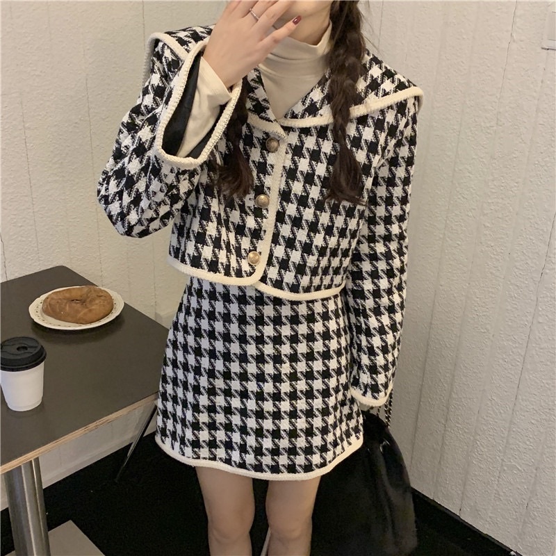 Set áo khoác cardigan dài tay+chân váy ngắn hoạ tiết răng sói houndstooth chic ulzzang SAM SAM BOUTIQUE