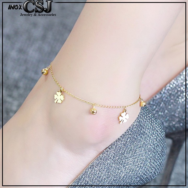 Lắc chân titan cỏ 4 lá kết hợp bi màu vàng tươi đẹp, bền màu, chuẩn thời trang