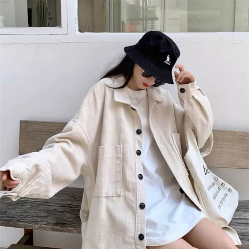 Áo khoác sơmi nhung gân form rộng cao cấp (sẵn be XL)(kèm ảnh thật)🐮