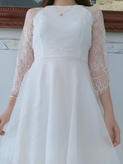 Đầm trắng xòe dự tiệc, đầm baby doll phối lưới