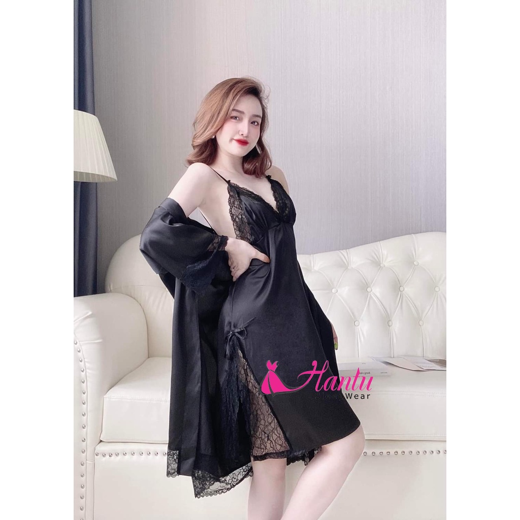 Set váy ngủ lụa kèm áo choàng phối ren sang trọng mặc nhà,chụp hình cô dâu cực xinh đủ màu đủ size