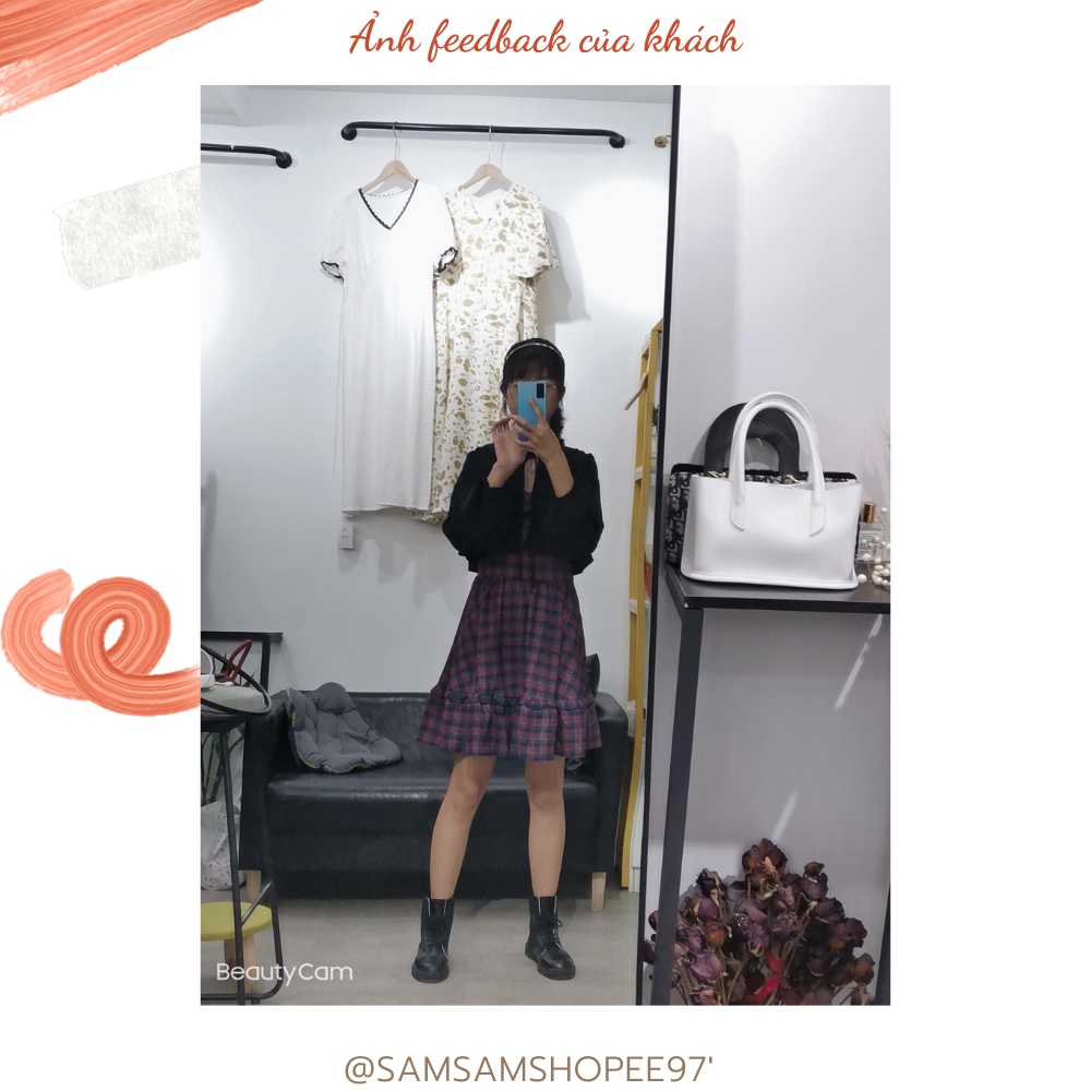 Set váy hai dây caro và áo cardigan dáng ngắn xinh xắn
