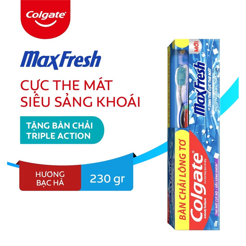 Kem đánh răng ngừa sâu răng Colgate MaxFresh hương Bạc Hà 230g (tặng kèm Bàn chải lông tơ Colgate Triple Action)