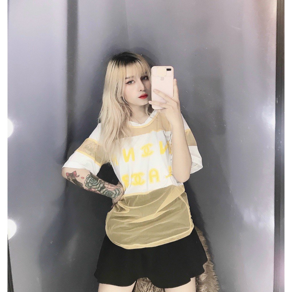 Áo lưới form rộng in chữ hiệu to trước cực xinh , chất lưới có kèm lót trong mềm mịn