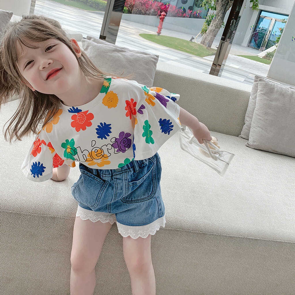 Set Áo Thun Ngắn Tay In Hoa + Quần Short Denim Thời Trang Hàn Quốc Mới Cho Bé Gái