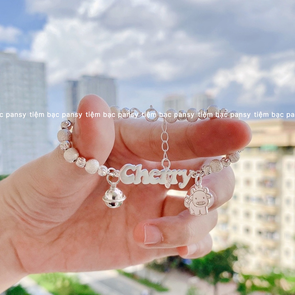 Vòng lắc bạc ta cho bé PANSY dạng chuỗi bi cao cấp, khắc tên theo yêu cầu