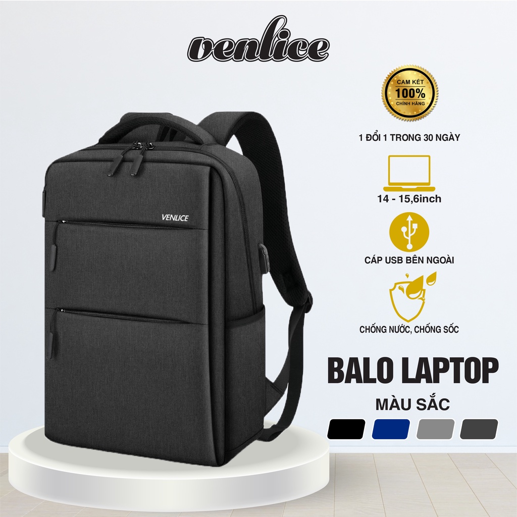 Balo Laptop VENLICE Cao Cấp Nam Nữ Có Ngăn Chống Sốc Kèm Cổng USB Tiện Lợi Chống Nước Tiêu Chuẩn Dùng Đi Học Đi Làm