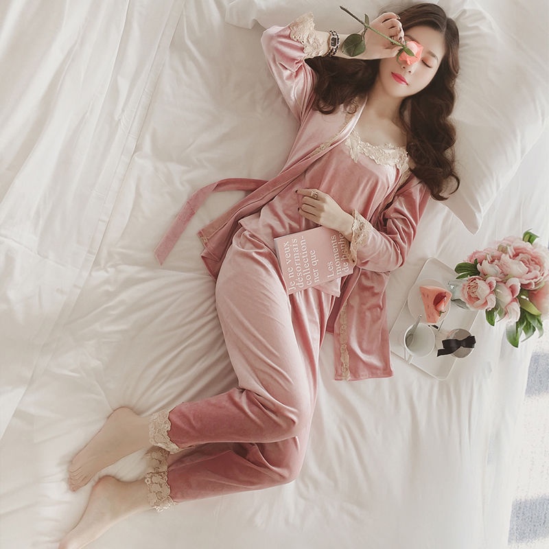 Bộ đồ ngủ tay dài chất nhung thời trang thu đông quyến rũ cho nữ nhiều phân loại tùy chọn