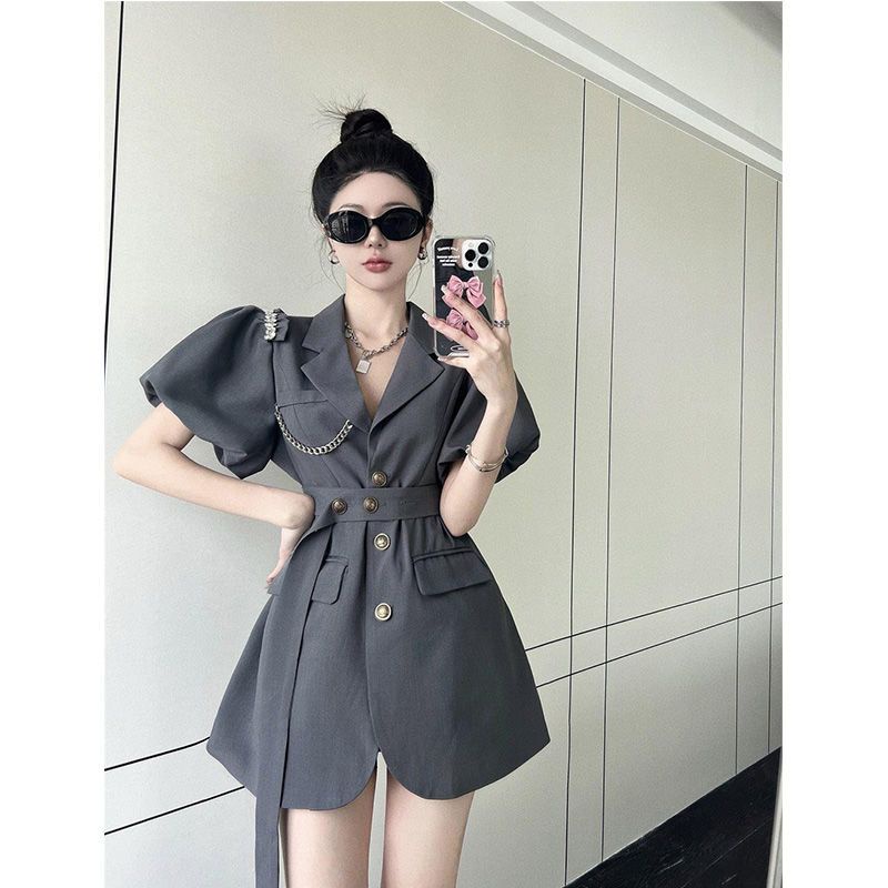 French imperial sister Fan temperament bubble sleeve advanced sense skirt summer bare back loose waist suit dress women's dress