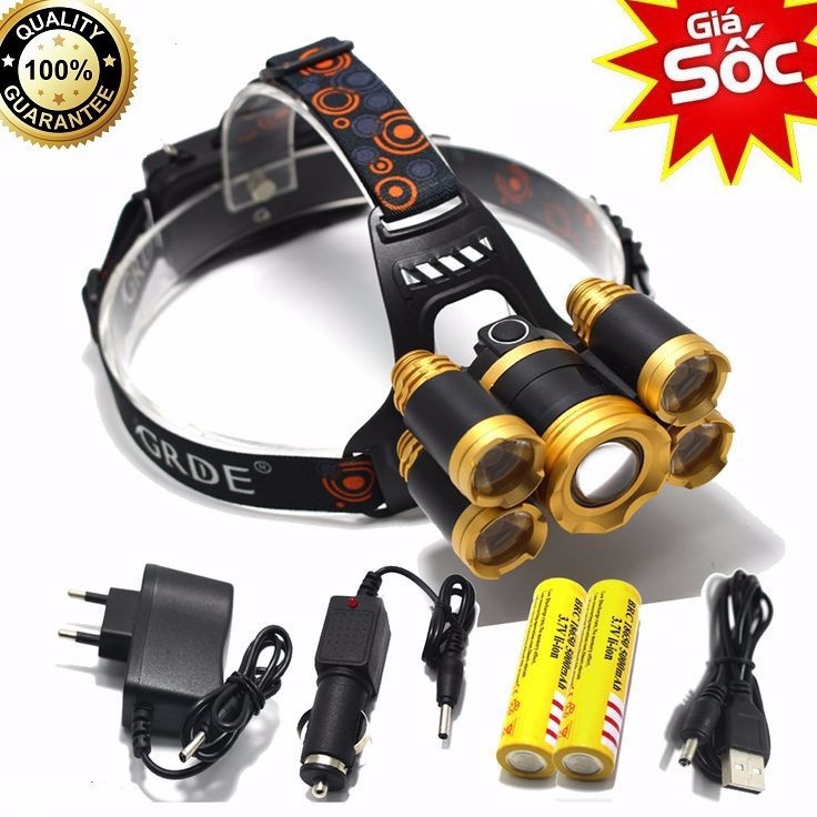 Đèn Pin Đội Đầu 5 Bóng Siêu Sáng Kèm Pin Sạc Siêu Tiện Lợi