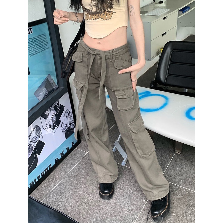 ❏Quần Yếm Jean Ống Rộng Phối Túi Phong Cách Đường Phố Mỹ Cá Tính