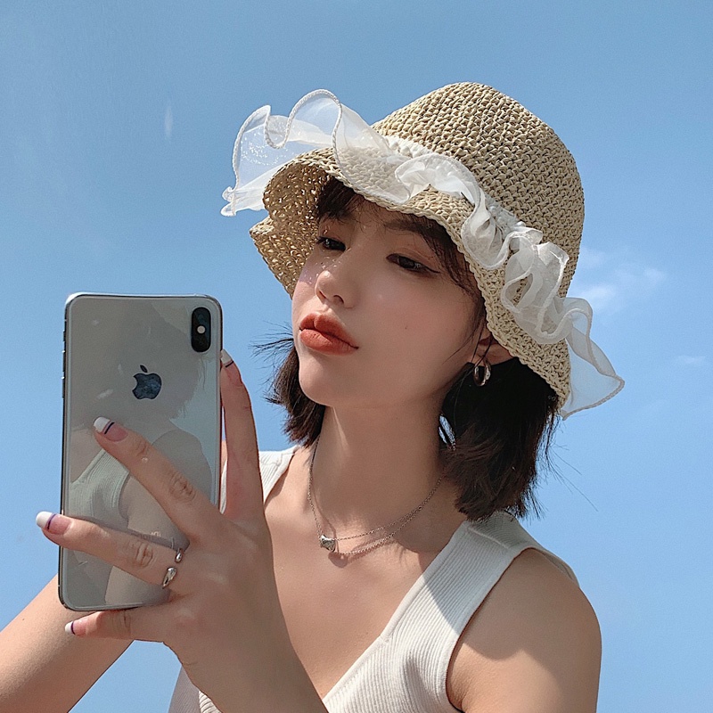Mũ Cói Rộng Vành Phối Ren Đính Ngọc Trai Thời Trang Đi Biển Mùa Hè Cho Nữ