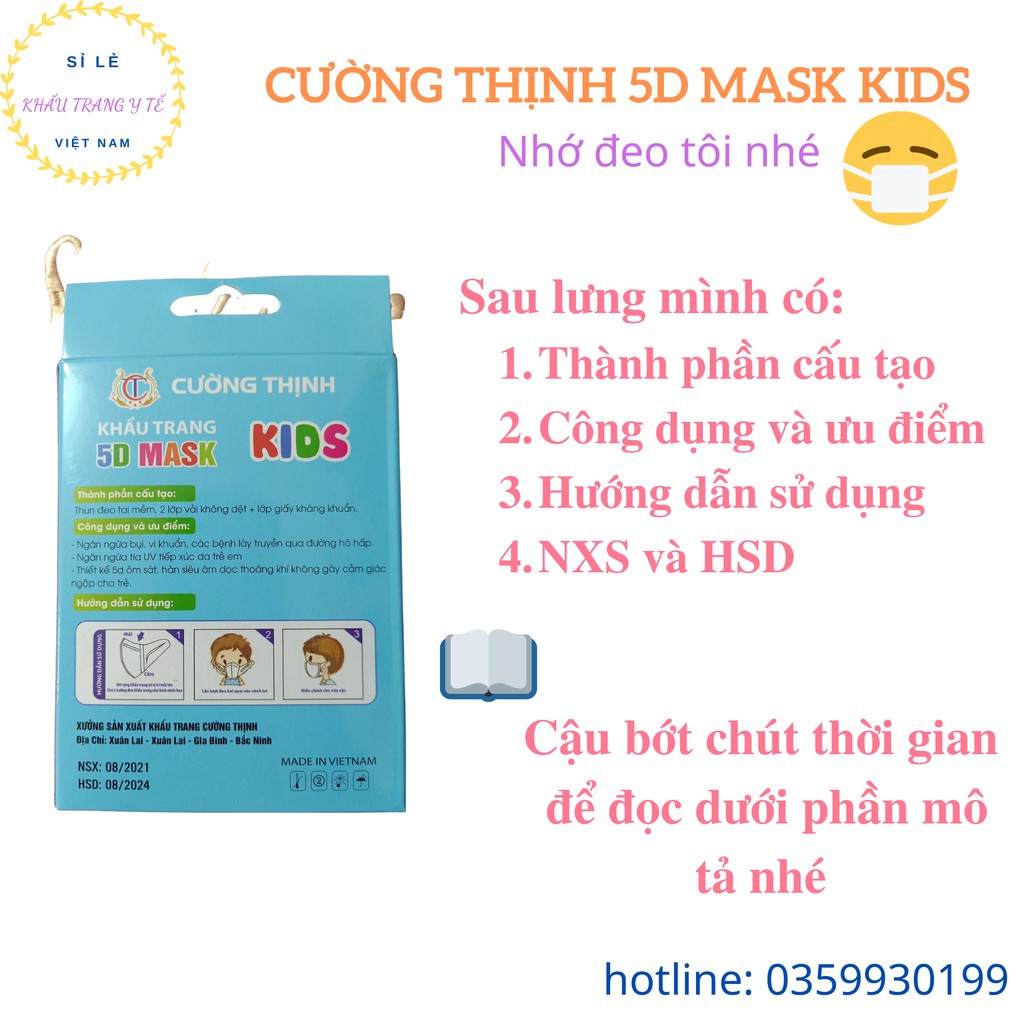 [CƯỜNG THỊNH] Khẩu Trang Y Tế Cao Cấp Trẻ Em 5D MASK KIDS Hộp 10 Chiếc, Xanh, Trắng, Hồng