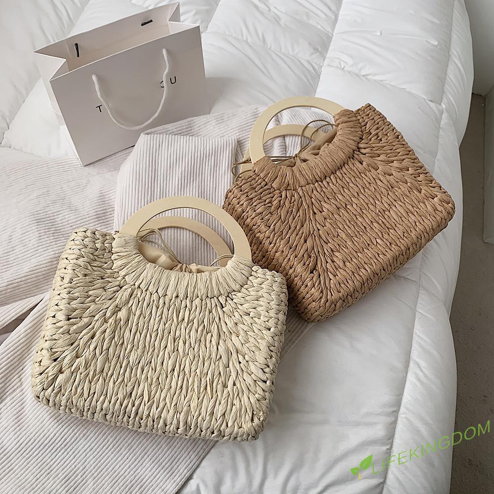 Retro Women Straw Woven Drawstring Pure Color Handbag Beach Shopping Bags