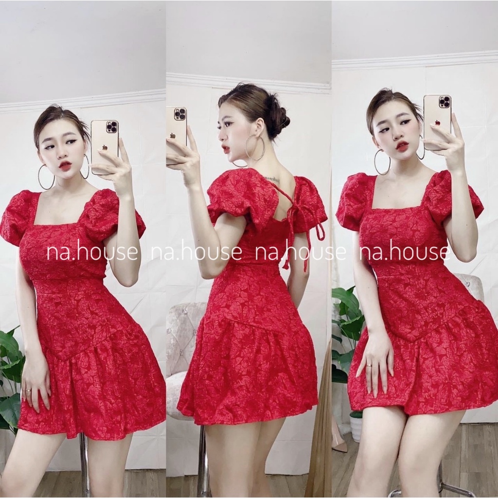 ĐẦM GẤM DỰ TIỆC CƯỚI SINH NHẬT SANG TRỌNG NAHOUSE VÁY XỐP DÁNG XÒE TAY BỒNG THIẾT KẾ ĐẸP VÀ XINH XẮN 3 MÀU XANH ĐỎ HỒNG