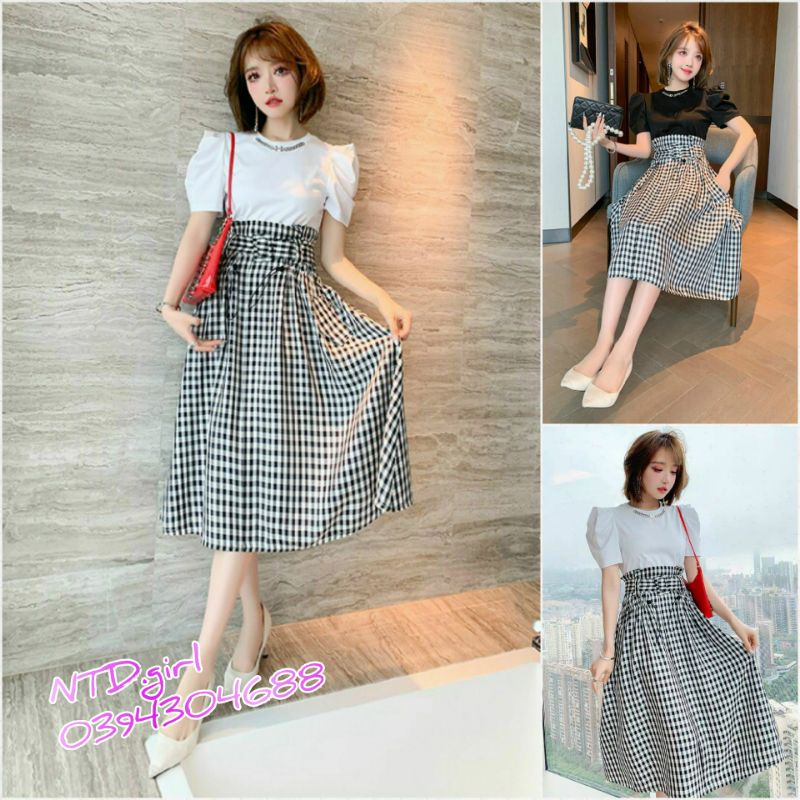 Hàng nhập - Đầm dáng xòe thun phối lụa caro tay phồng, váy tiểu thư dự tiệc xinh xắn