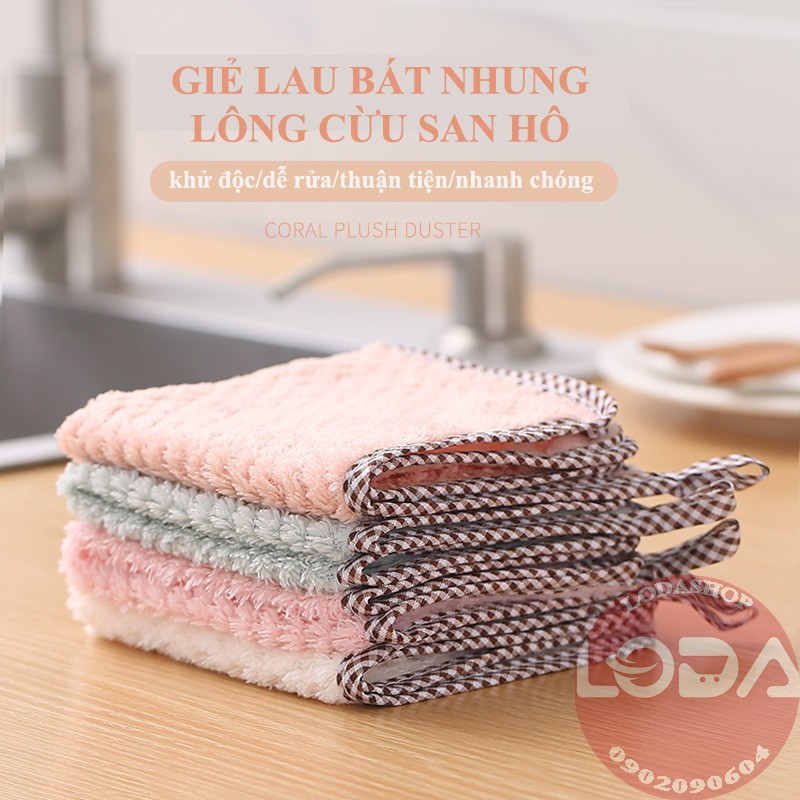 Khăn lau bát nhung lông cừu san hô 25x25 LODASHOP Có móc treo siêu thấm hút, mảng bám bẩn dễ trôi,