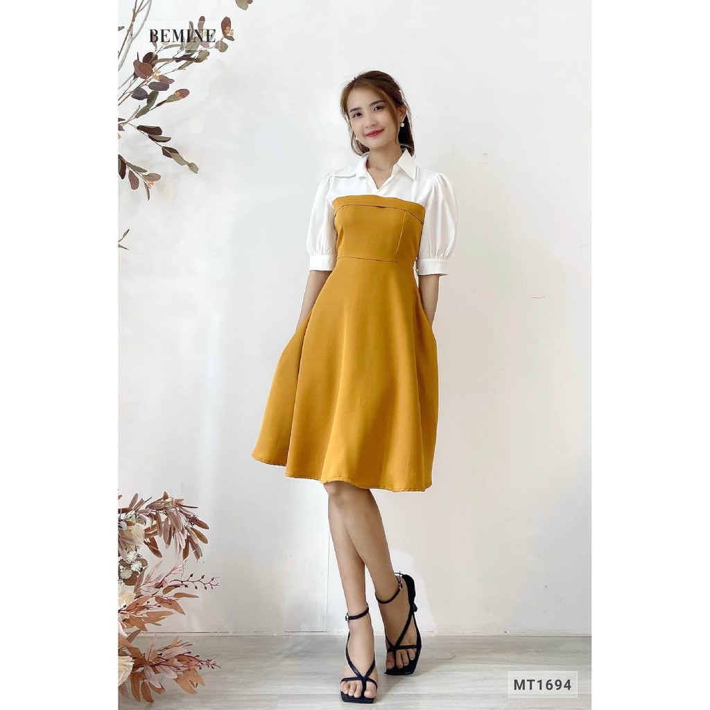 Đầm tay phồng phối trắng BEMINE MT1694VANG | BigBuy360 - bigbuy360.vn