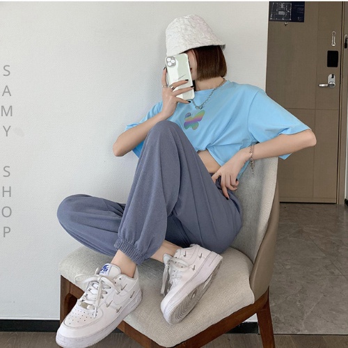 Quần Joggers len tăm nữ, quần bomber bo gấu ống rộng phong cách thể thao