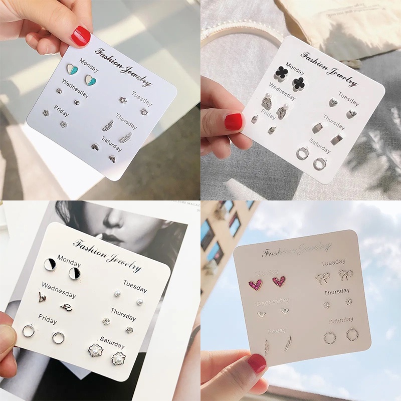 Set 6 khuyên tai đính đá ngọc trai đơn giản phong cách Hàn Quốc