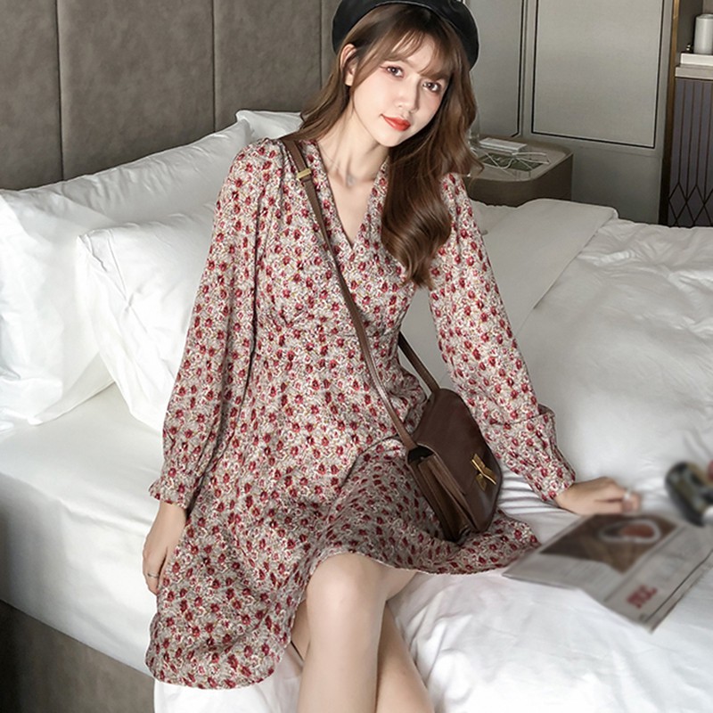 Đầm Hoa Tay Dài Cổ Chữ V Thiết Kế Ôm Sát Tôn Dáng