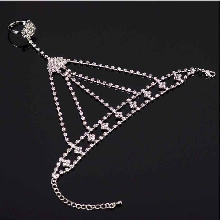 Lắc Tay Bạc Nữ Free Size Họa Tiết Pha Lê Chuỗi Liền Nhẫn Phù Hợp Dạ Tiệc Cô Dâu