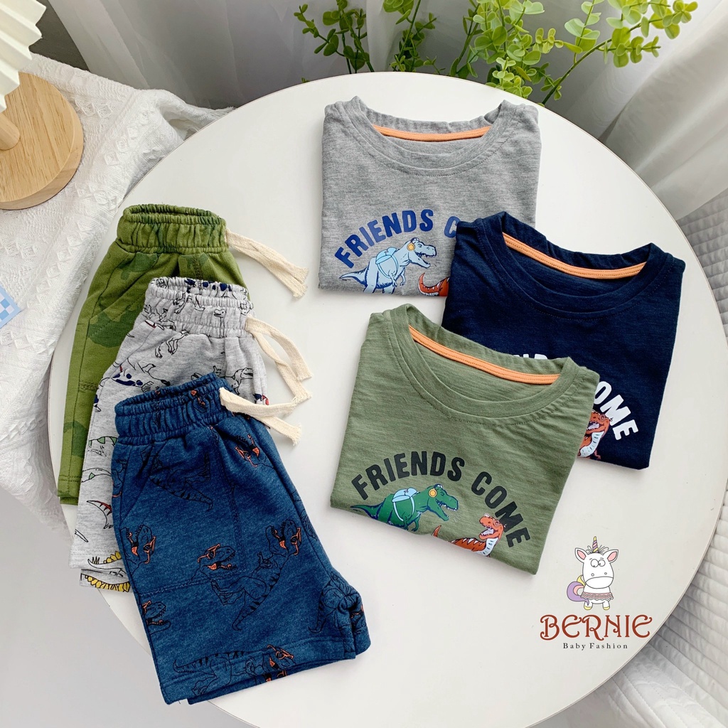 Bộ cotton bé trai hoạ tiết khủng long, bộ thun cộc tay bé trai cotton mềm