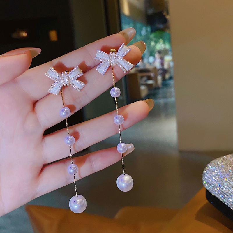 Bông Tai Dáng Dài Đính Nơ Phối Tua Rua Ngọc Trai Thời Trang Sang Trọng Cho Nữ