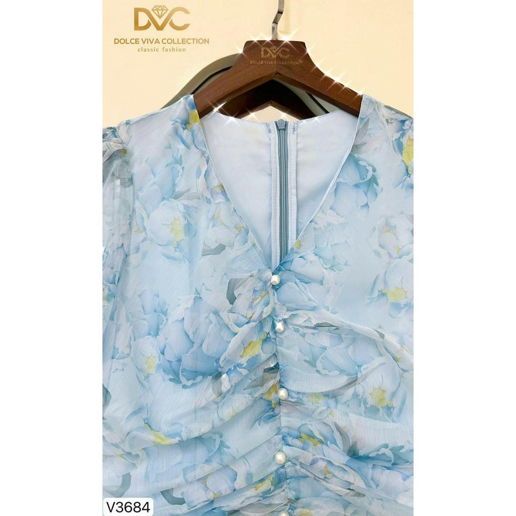 V3684 Váy voan xanh hoa nhí phối viền eo ngọc tiểu thư  váy đầm voan đi chơi, công sở