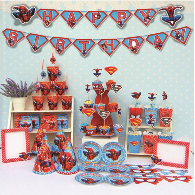 Set 72 món trang trí bàn gallery tiệc sinh nhật cho bé mega giấy dày đẹp người nhện spiderman elsa kitty gà nhiều mẫu