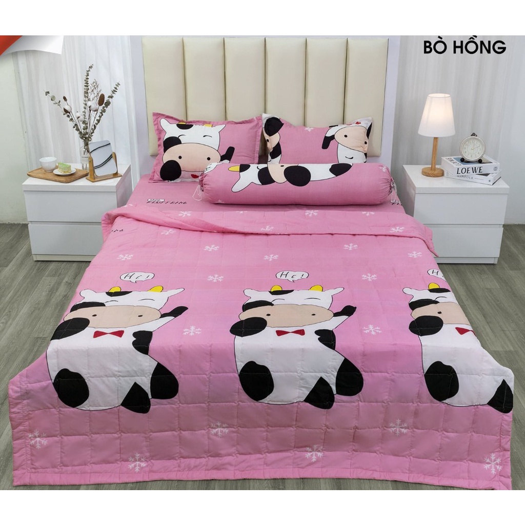Bộ chăn hè ga gối 1m5x2m set 4 món-Vải Cotton Polymẫu khủng long trắng