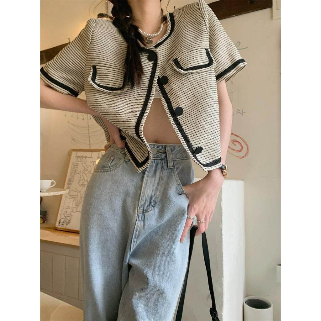 Áo Khoác Nữ Cổ Tròn Ngắn Tay Phong Cách Pháp Cổ Điển 53313