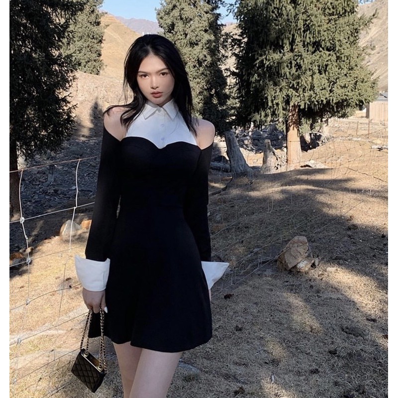 KOVA DRESS - ĐẦM ĐEN CỔ SƠ MI PHỐI TRẮNG KHOÉT VAI