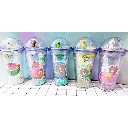 Cốc 2 lớp kim tuyến gấu brown thỏ cony vịt sally khủng long nắp cầu CNCKI4 cốc làm lạnh dễ thương 500ml
